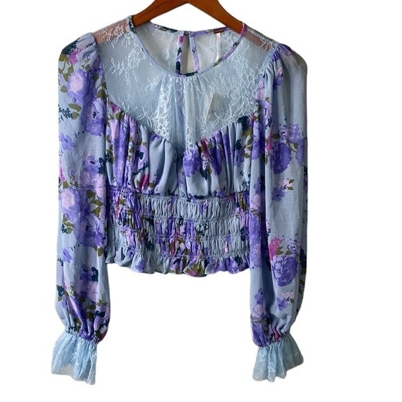 Free People Daphne Floral Lace Cropped Blouse Long Flare Puff Sleeve Ruffles - Picture 1 of 16